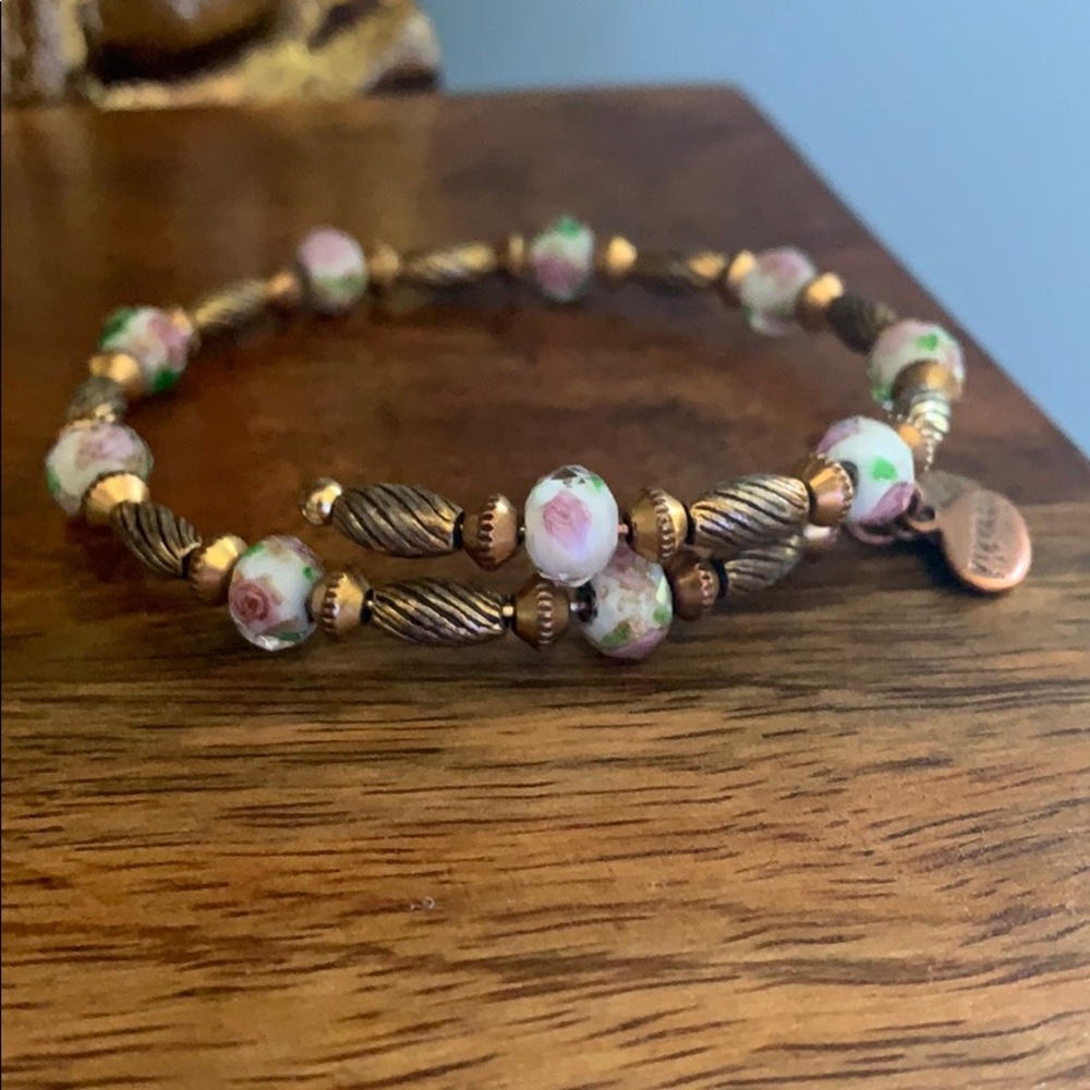 Alex and ani gold bracelet with rose glass beads